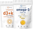 마이크로 성분 비타민 D3 5,000iu + K2 100mcg Softgels & Omega-3 물고기 기름 120 Softgels 뭉치 2 팩 | 근본적인 선샤인 비타민 | 야생 잡힌 물고기, 레몬 맛, Burpless
