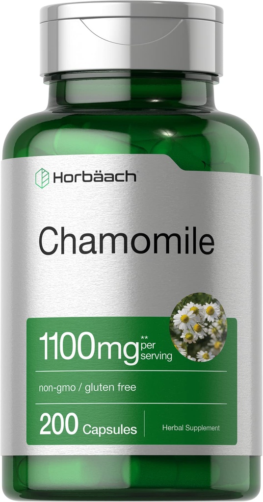 Horbäach Chamomile Flower Extract | 200 알약 | 1100mg 캡슐 | 비 GMO, 글루텐 무료 보충