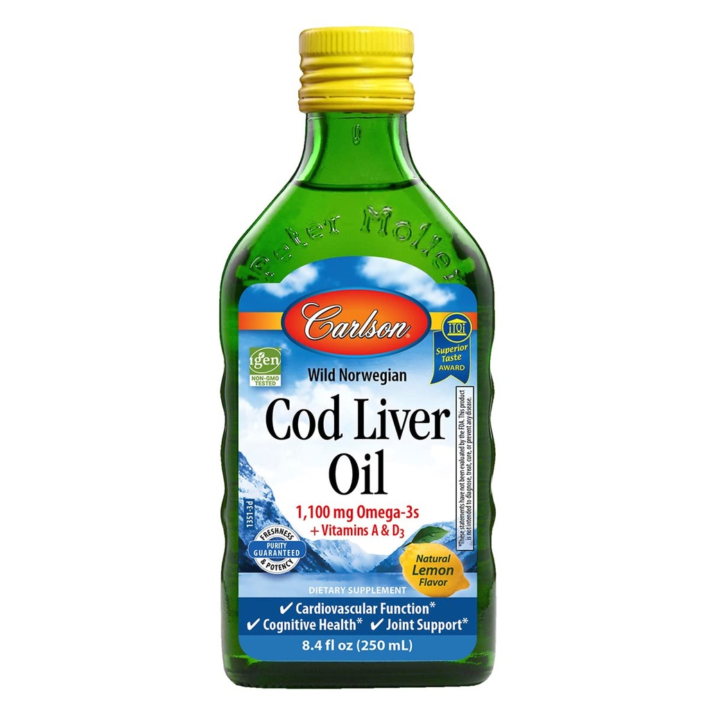 Carlson - Cod Liver Oil, 1100 mg Omega-3s, Liquid Fish Oil Supplement, Wild-Caught Norwegian Arctic, 지속 가능한 Sourced Nordic Liquid, 레몬, 250 ml