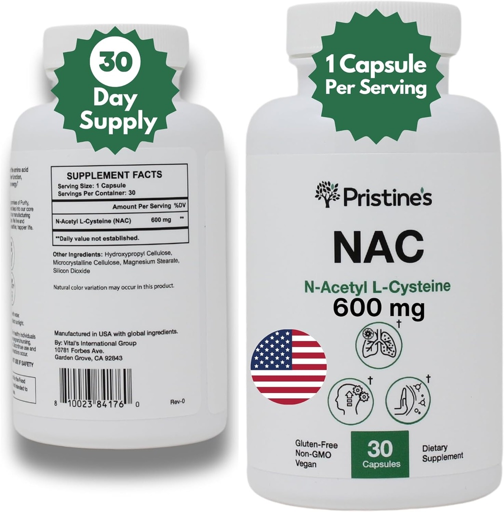 PRISTINE'S N-Acetyl L-Cysteine (NAC) 600MG 30 일 공급 유력 Lung & Liver Immunity 산화 방지제 보충교재 캡슐 - 계류 & 정신 건강 지원
