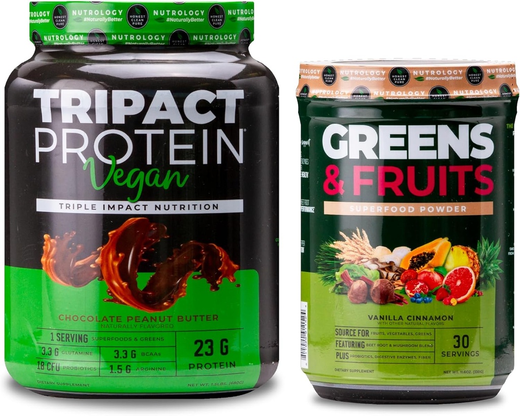 Nutrology Greens & Fruits Powder-Naturally Sourced Superfood, Vanilla Cinnamon (30 서빙) TRIPACT Vegan Protein Powder, 초콜릿 땅콩 버터 (20 서빙)