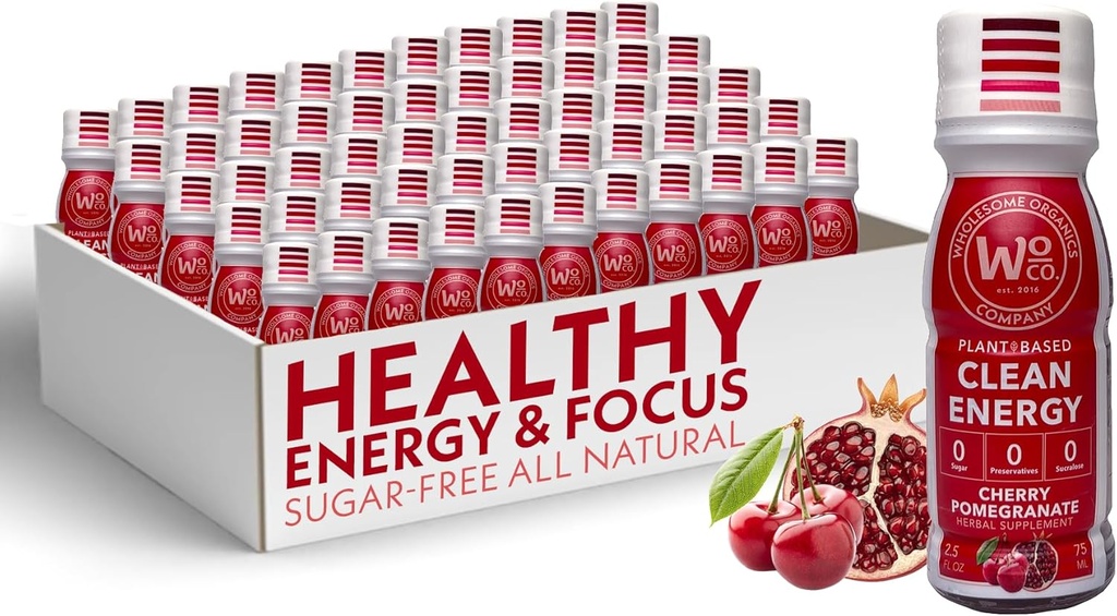 Wholesome Organics - Sugar Free Energy Shots Extra Strength Natural & Healthy Energy Drinks - 식물 기반 에너지 보충제 w / 비타민 B12 Lion 's Mane & Yerba Mate - Cherry Pomegranate 풍미 48 팩
