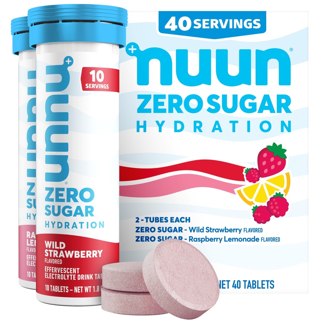 Nuun Zero Sugar Hydration Electrolyte Tablets - 마그네슘, 칼슘, 칼륨, 염화물 및 나트륨, 빛 및 맛있는 과일 맛, 설탕 없음, 글루텐 무료, 채식주의자, 혼합 Berry 4 Pack (40 서빙 총)