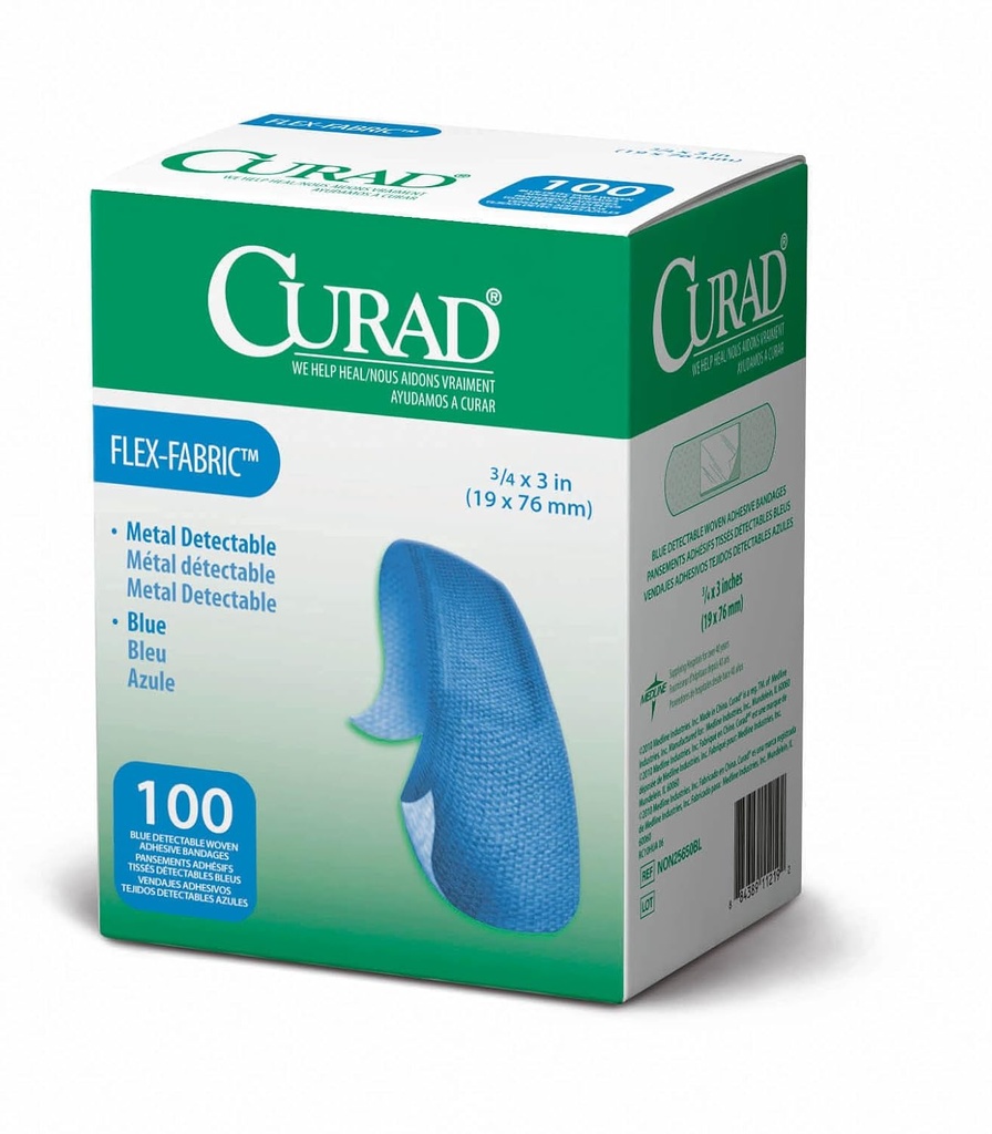 CURAD 음식 서비스 금속 탐지가능한 파란 직물 접착성 붕대 3/4" x 3", 100의 팩