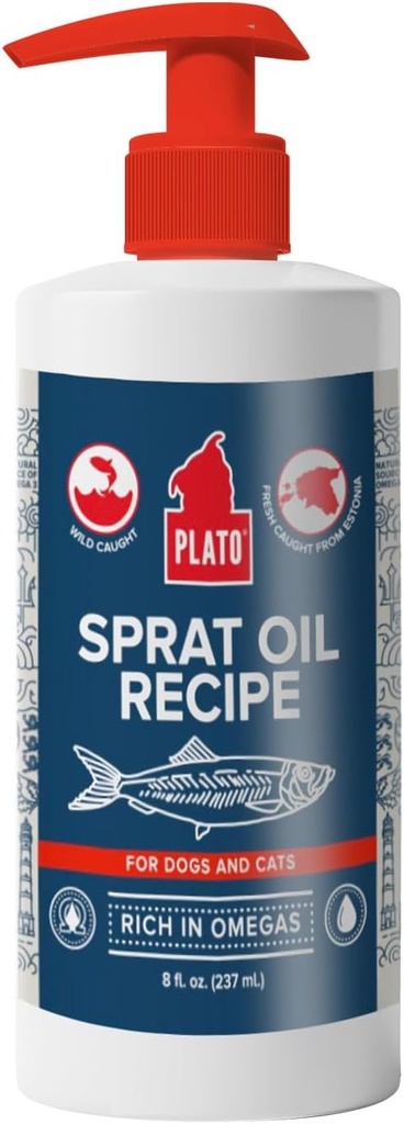 PLATO 애완 동물은 개를 위해 물고기 기름을 대우합니다 - 개를 위한 Omega 3 기름 - 건강한 피부와 외투를 지원합니다 - Baltic Sprat 기름 조리법 8개 Ounces