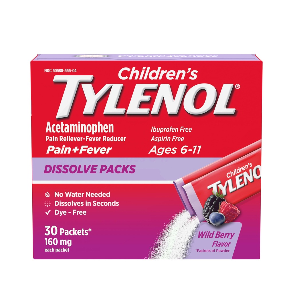 아이들의 Tylenol는 고통 구호, Fever Medication, 160 mg Acetaminophen, 염료를 위한 팩을 냉각하고 & 홍조 구호를 위한 아이 분말 소포 녹습니다; 야생 베리 풍미, 30 ct.; 1의 팩