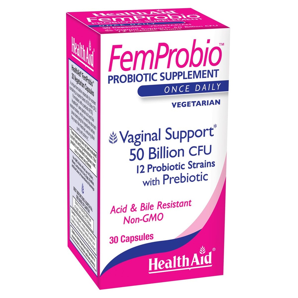 HealthAid FemProbio – 프리바이오틱 파이버와 함께 한 번 매일 프로바이오틱스 | 50억 CFU | 30 채식 캡슐 | 산성 & Bile resistant, Lactose, 글루텐 & GMO-Free