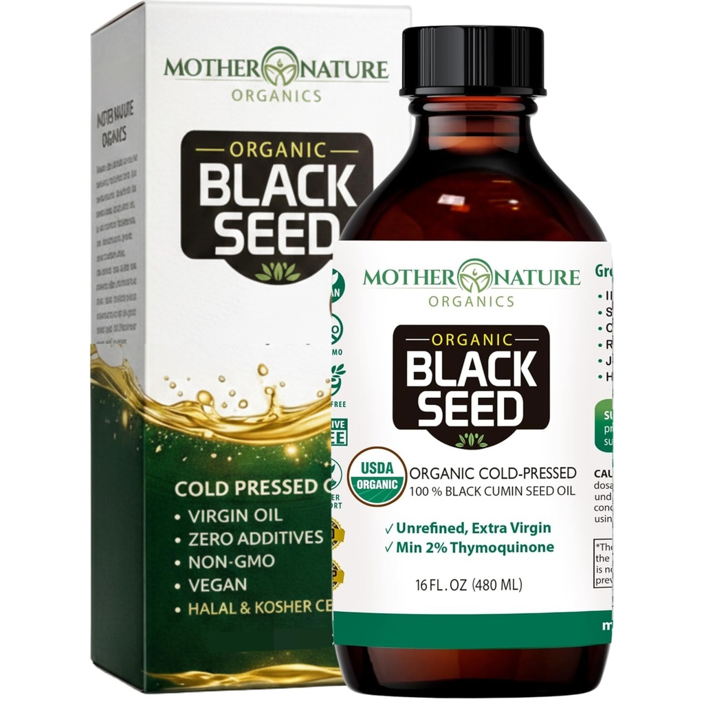 Mother Nature USDA Organic Black Seed Oil - 냉간 프레스, Unrefined & Vegan Nigella Sativa, 높은 Thymoquinone (2%+), 오메가 3 6 9 Immune, 관절 및 심장 지원, 헤어 & 스킨, 비 GMO, 16oz
