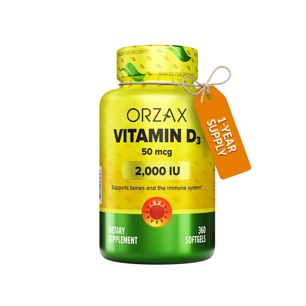 ORZAX 비타민 D3 2000 iu (50 mcg) - 비 GMO, 글루텐 무료, 설탕 무료, 낙농 무료 - 강한 근육 기능 및 면역 지원을위한 1 년 공급 - 웰니스 (360 Softgel)을위한 무드 보충
