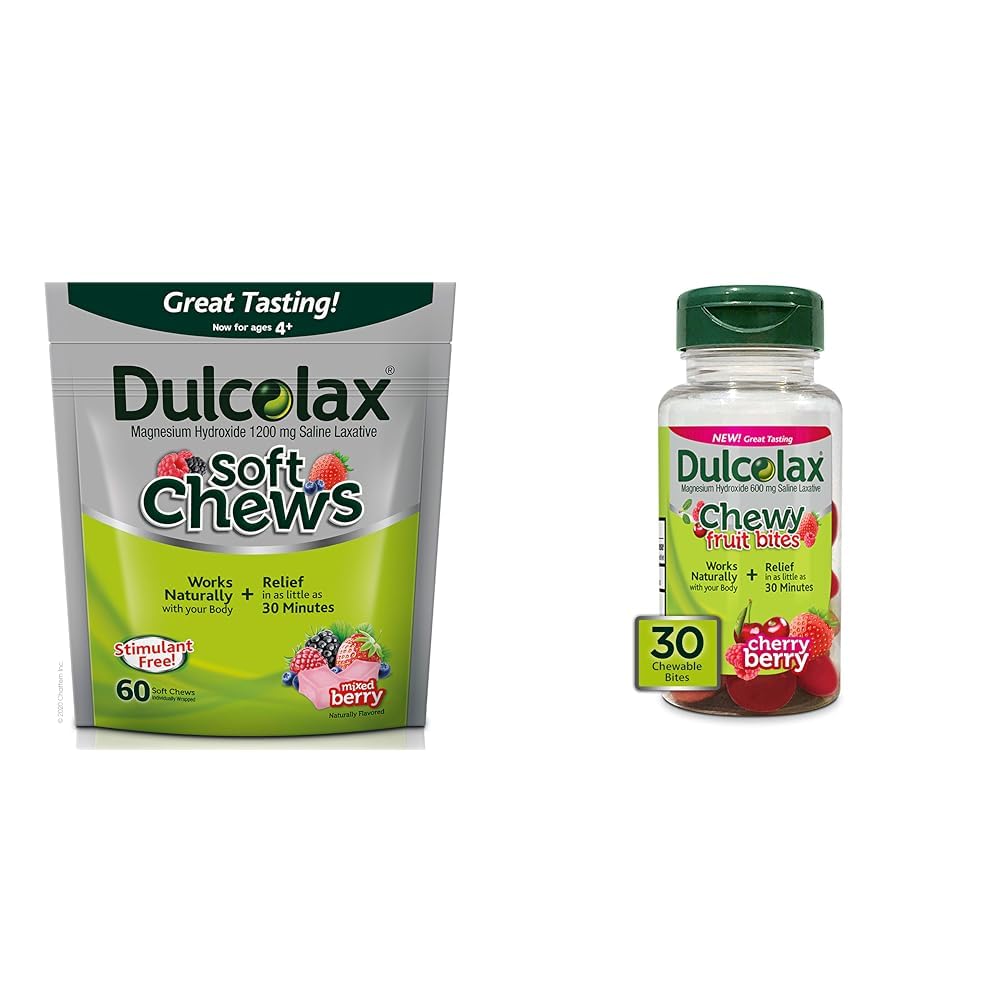 Dulcolax 연약한 Chews Saline Laxative 혼합 베리 (60ct) Gentle 변비 구호 & Chewy 과일 비트, Saline Laxative, Cherry Berry (30ct) Cramp-Free 변비 구호