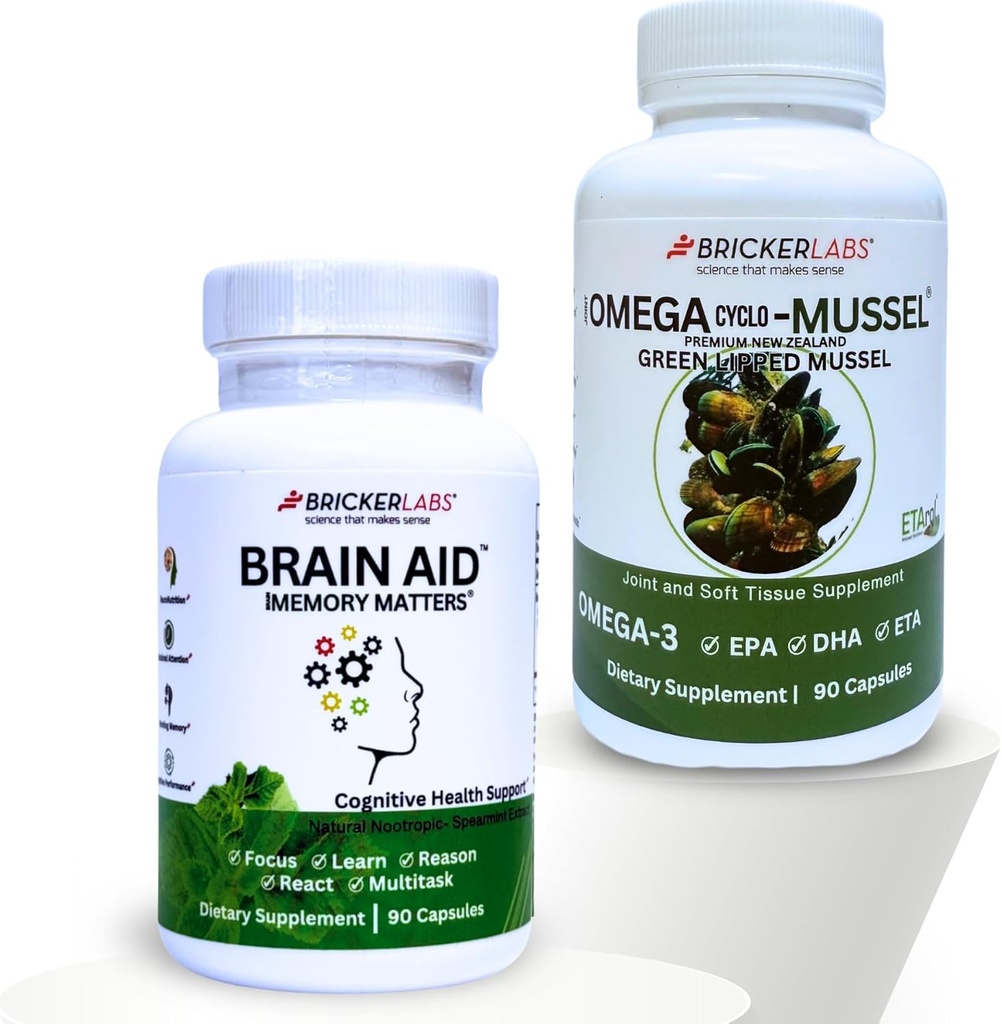 Bricker Labs Mind & Motion : 관절 건강 및인지 지원 번들 : 오메가 사이클 - 머셀 풀 스펙트럼 오메가 관절 지원 및 두뇌 보조 메모리 매트러인지 지원 보충교재,