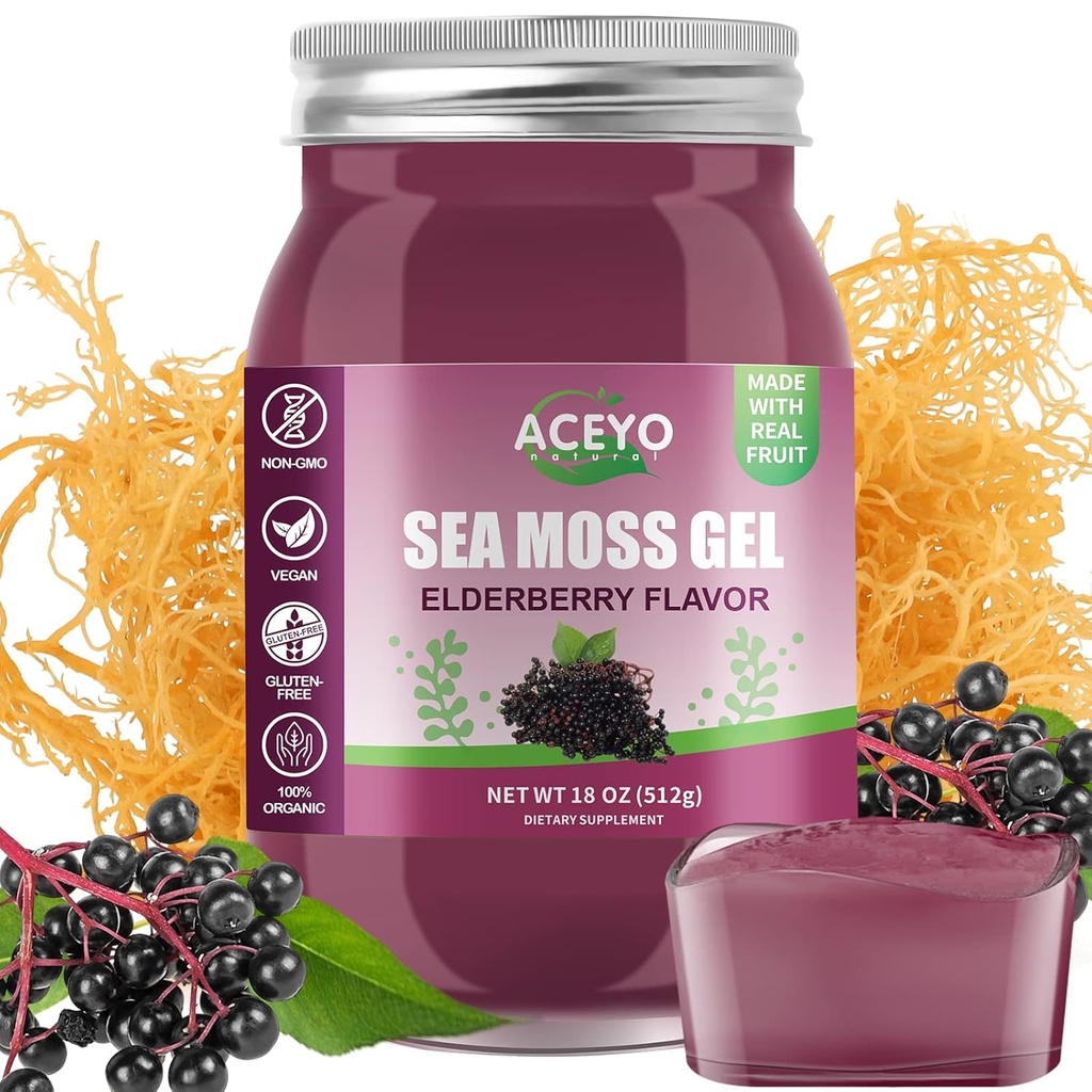 ACEYO (18 OZ) 아일랜드어 Elderberry Sea Moss Gel 유기 익지않는 Vegan 맛 102 비타민 및 무기물 야생 Harvested Non-GMO Immune Defense Booster Thyroid 소화 지원