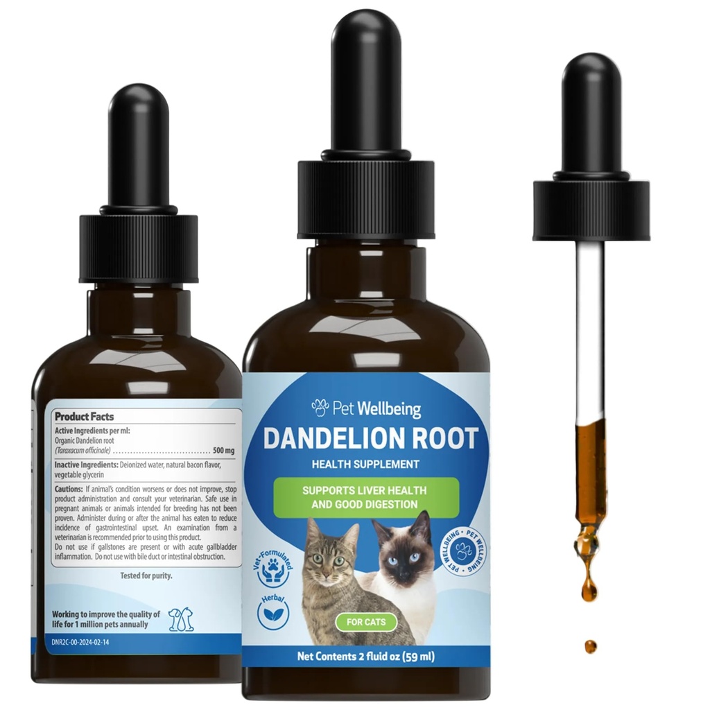 고양이를위한 애완 동물 Wellbeing Dandelion 뿌리 - 간 및 심장 건강, 소화 기능, 혈액 설탕 지원, 인증 유기 - 수의식 공식화 초본 보충 2 온스 (59 ml)