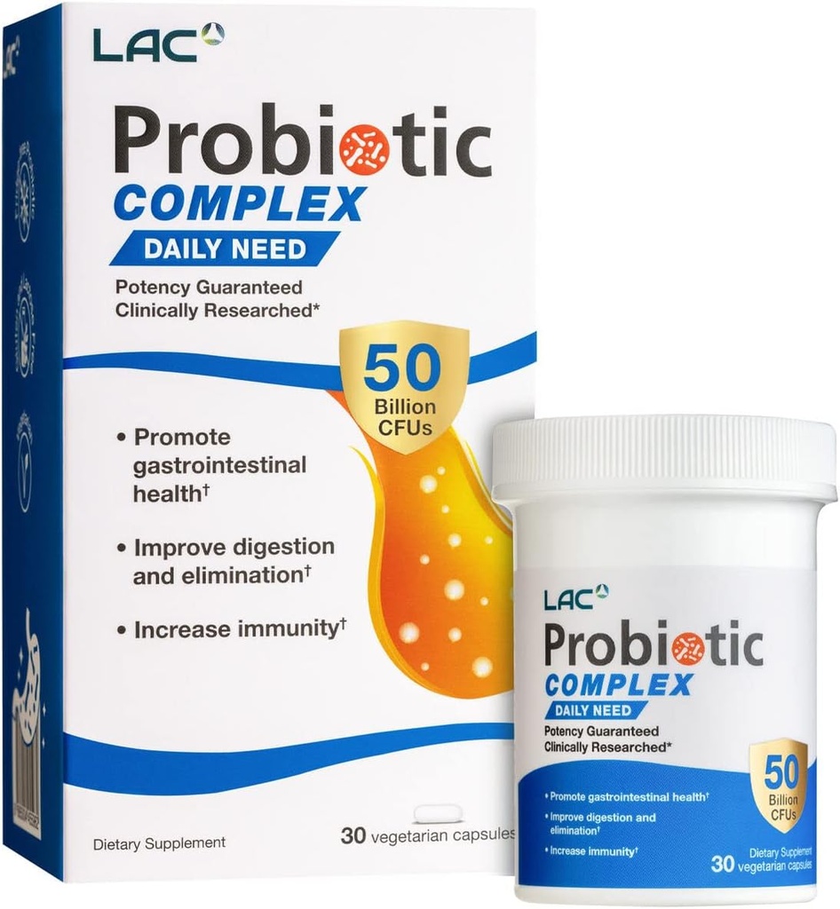 LAC Probiotic Complex 50 억 CFUs | 소화 보충 | 내장 박테리아를 복원하는 활성 프로바이오틱스, IBS 지원 (30 채식 캡슐)