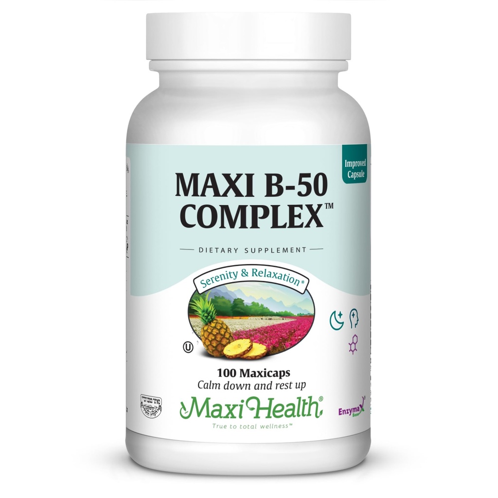Maxi 건강 비타민 B 복합체 - B1, B2, B3, B6, B12, Biotin & Folate를 가진 높은 잠재적인 B 복합체 비타민 B-50 - 세포 에너지 및 정신적 선명도 지원 – Kosher – 100 캡슐