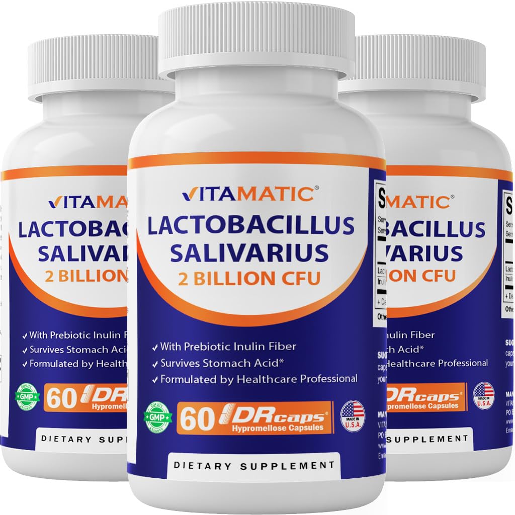 Vitamatic Lactobacillus Salivarius 2 Billion per DR 캡슐 - 60 Count - 소화 지원 - Prebiotic Inulin Fiber (3 병)로 제작