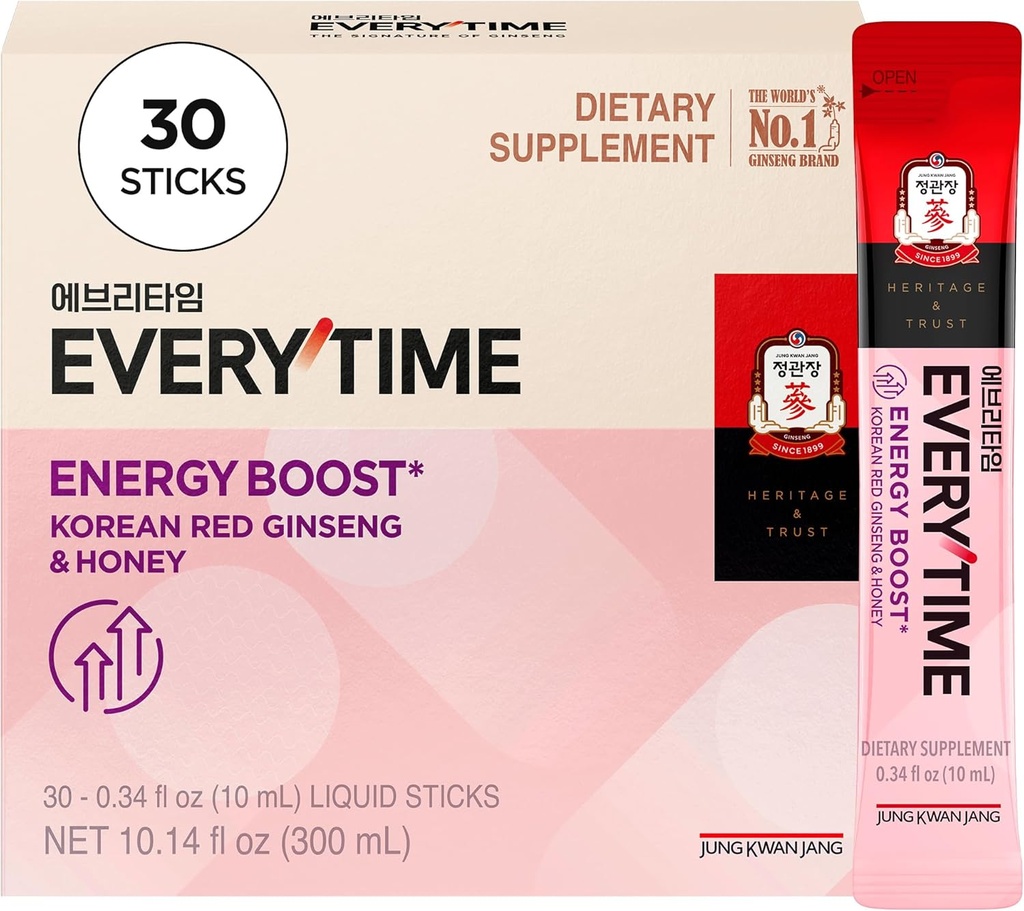 JUNG KWAN JANG Everytime Energy Boost Korean Red Ginseng Extract Stick 1,000mg & Honey - Vegan Ginseng Energy Drink Liquid Stick Supplements - 체력과 면역력을 구축하십시오 (30 스틱)