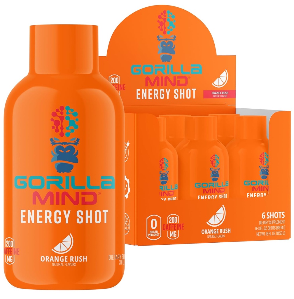 Gorilla Mode Energy Shots (6-Pack) - 향상된 Focus & Energy, Sugar-Free, Fast-Acting, 비타민 및 천연 추출물이있는 강력한 포뮬러 (Orange Rush)