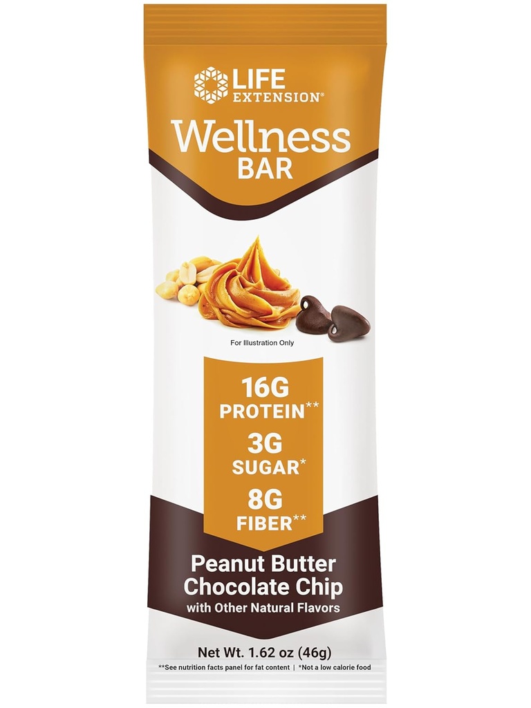 라이프 익스텐션 웰니스 바 (Peanut Butter Chocolate Chip) - 단백질 16g, 섬유 8g, 설탕 3g - 카카오 초콜릿 칩, Whey Protein Isolate Blend - 스낵 바, 글루텐 프리 - 개별적으로