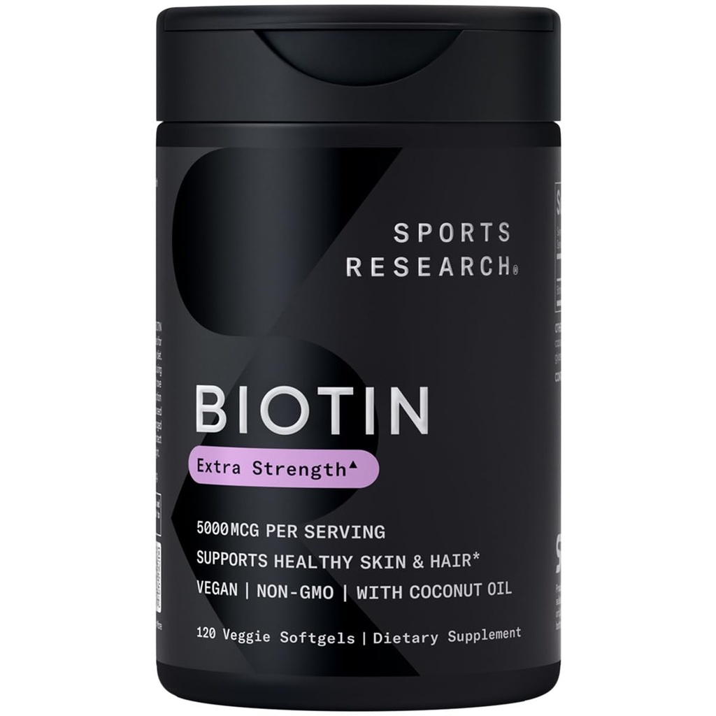 Sports Research® Biotin 5,000mcg with Organic Coconut Oil - Biotin (Vitamin B7) for Healthy Skin and Hair Support* - 여성 및 남성용 - Vegan, Non-GMO, 글루텐 & Soy-Free - 120 Veggie Softgel