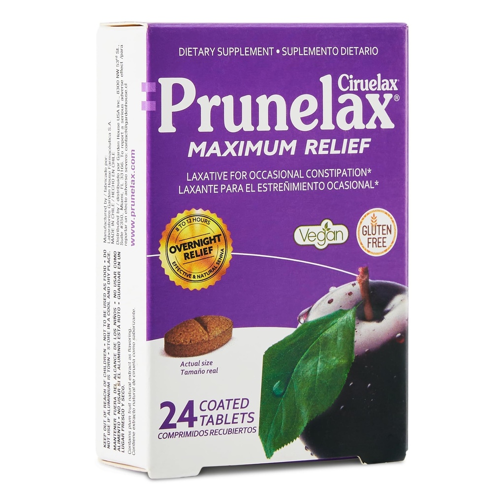 Prunelax Ciruelax Occasional 변비, Senna Extract, Vegan & Gluten-Free, Gentle Overnight Relief - 24ct를 위한 자연적인 Senna를 가진 최대 기복 Laxative 정제