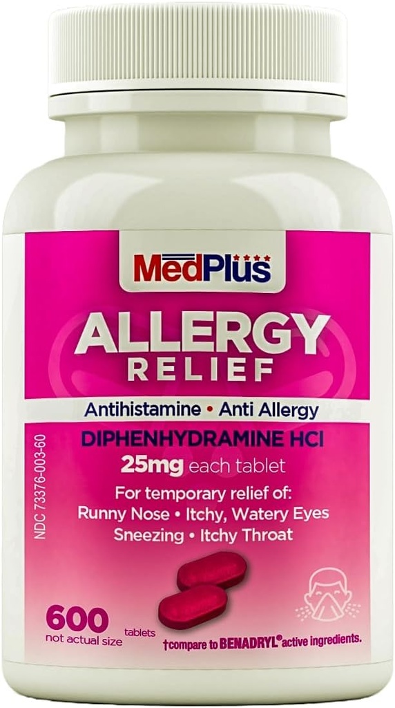 MedPlus 알레르기 완화 약, 25 mg, 600 정제 | Diphenhydramine Hcl | Antihistamine | 실내 및 실외 알레르기, 핑크에 대한 완화