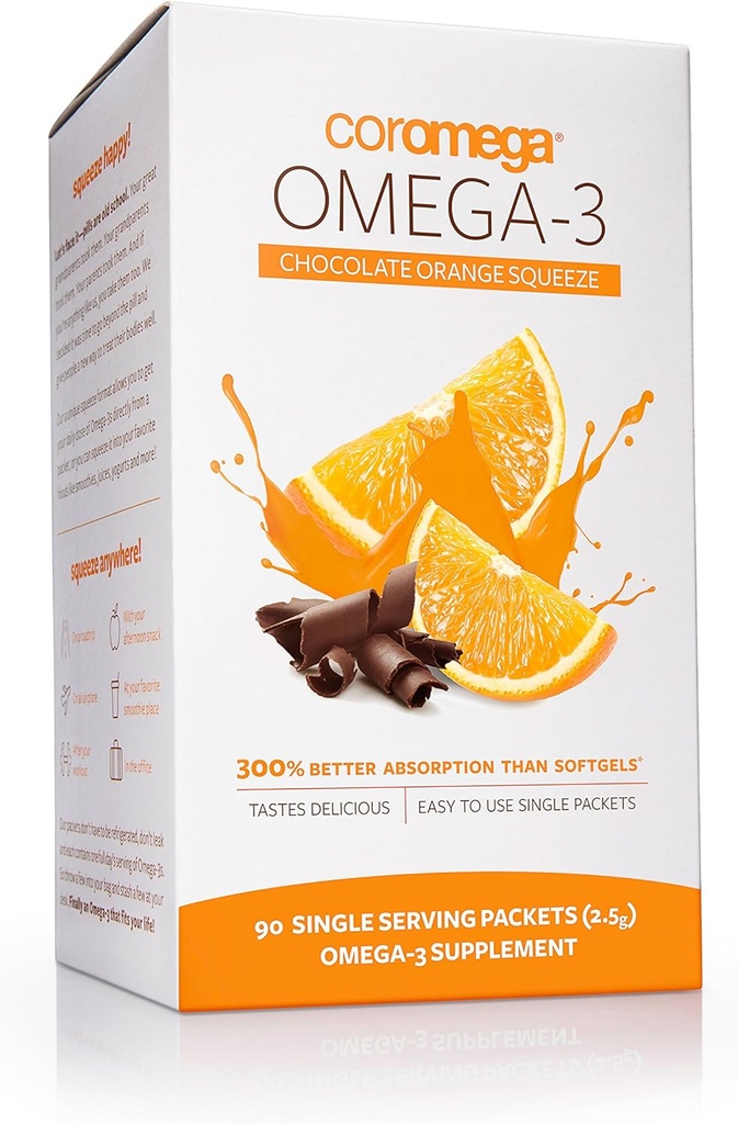 Coromega 오메가 3 물고기 기름 보충교재, Softgels, 초콜렛 주황색 풍미, 90 단 하나 Serve Squeeze 소포 보다는 3X 더 나은 흡수를 가진 Omega-3s의 650mg
