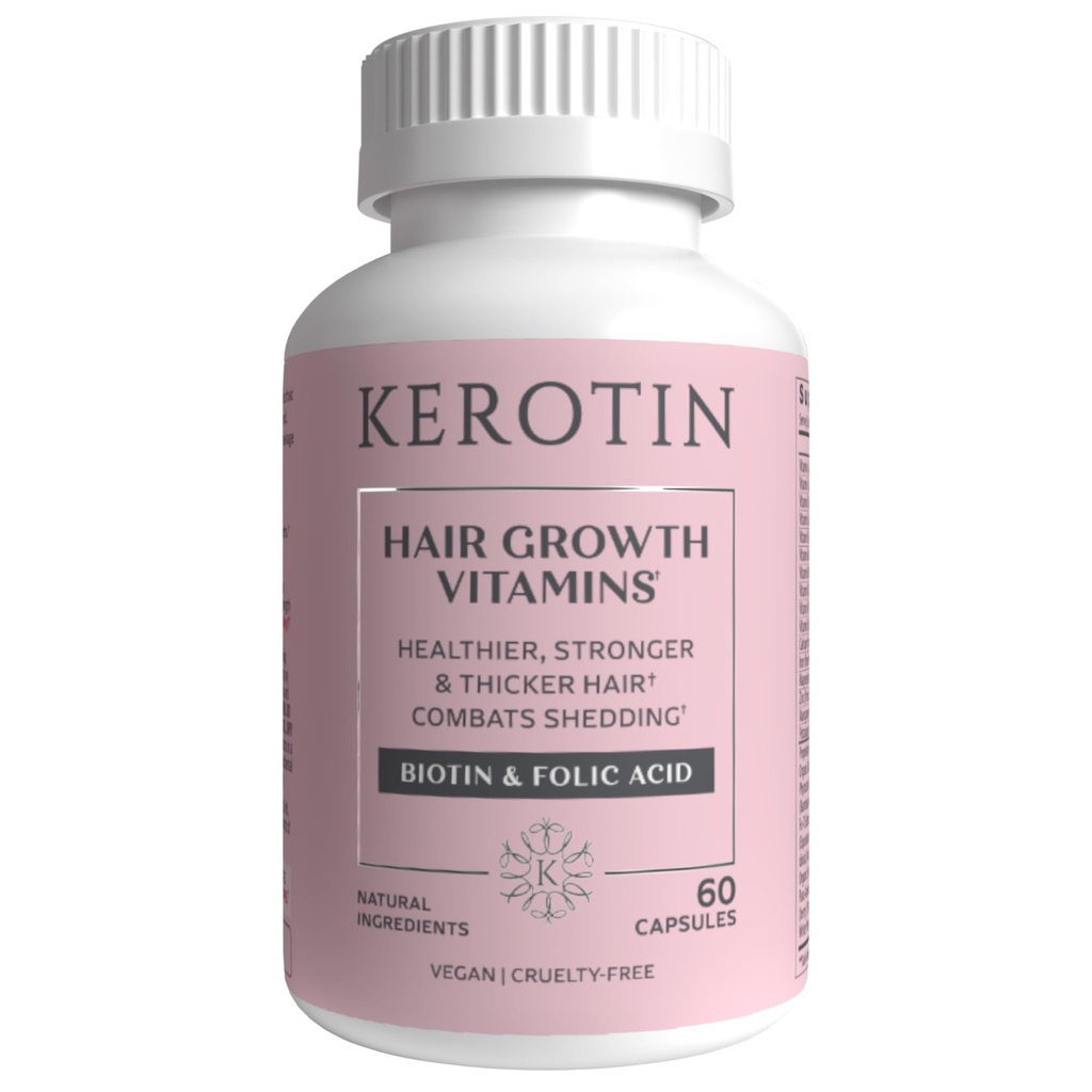 Kerotin Hair Growth Vitamins, Biotin Supplement, DHT Blocker, Collagen Stimulator, Hair Loss Support, Nail & Skin Care, Saw Palmetto, Vitamin D3 & More - 60 알약 (1 개월 공급)