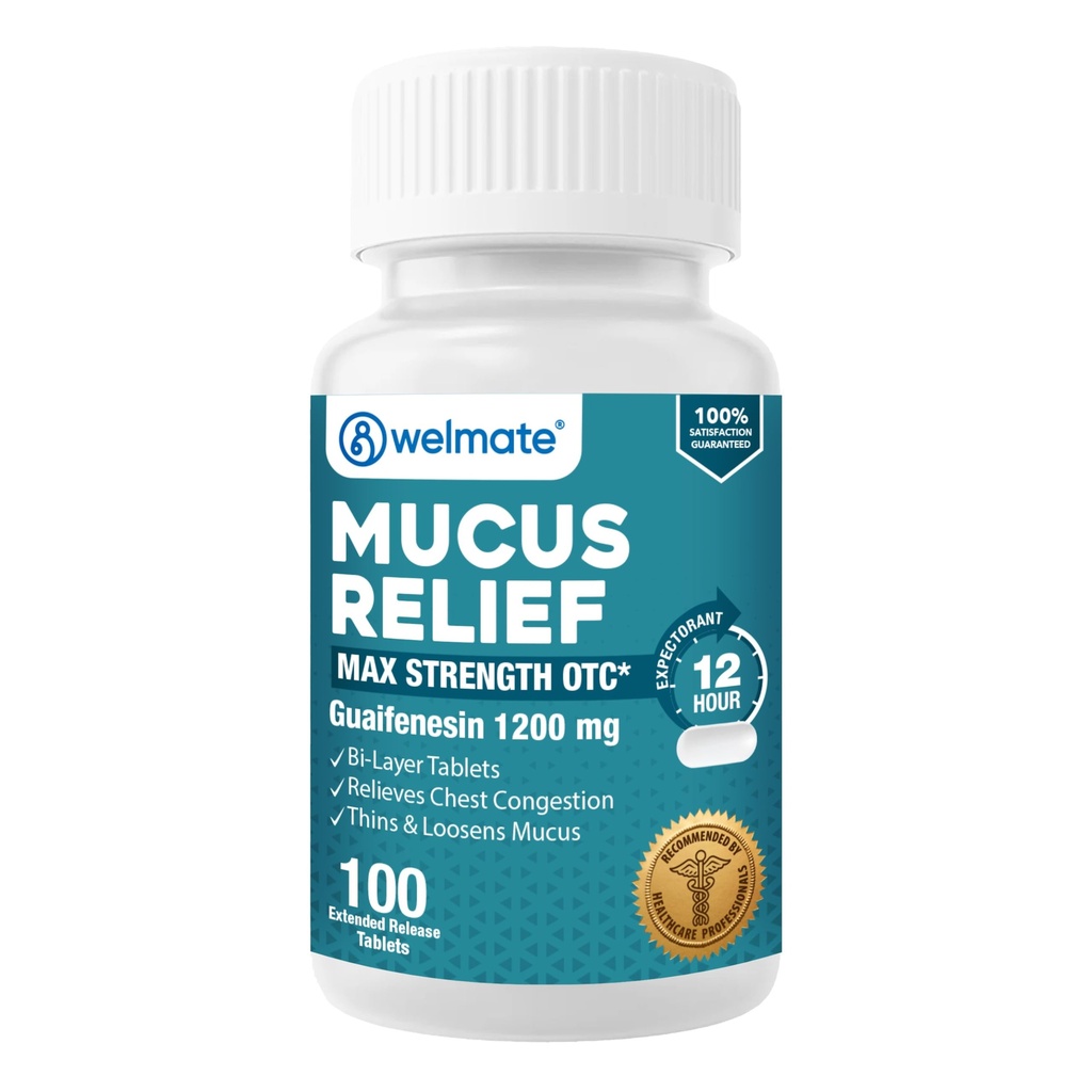 WELMATE - Mucus 기복 - Guaifenesin 1200 mg 최대 힘 - 장시간 방출 기대약 정제 - 도움 명확한 가슴 혼잡 & Loosen Mucus - 12 시간 기복 - 100 조사