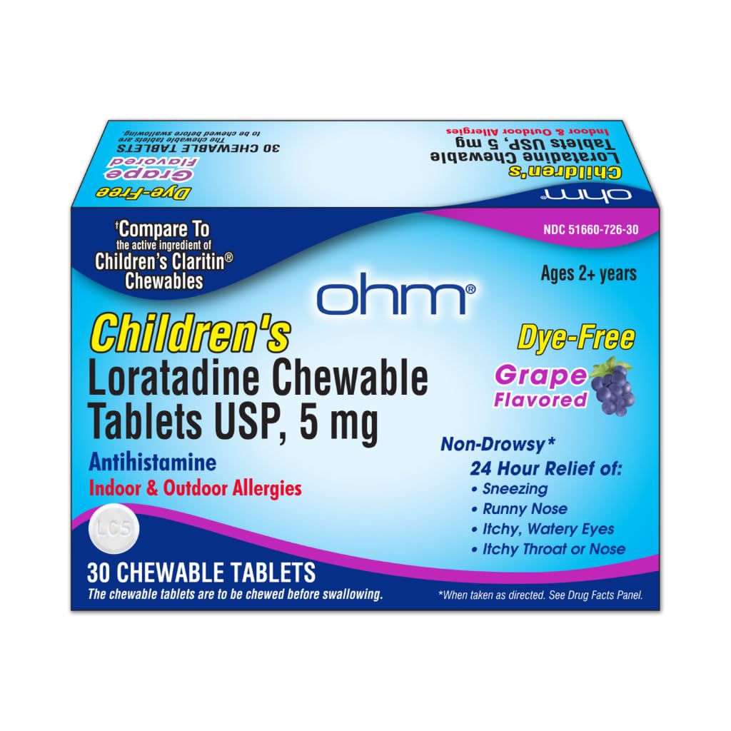 Ohm Children's Loratadine Allergy Chewable Tablets - 염료 무료, 포도 맛, 비-Drowsy 24 시간 구호, 실내 및 실외 알레르기를위한 항히스타민 - 30 정제