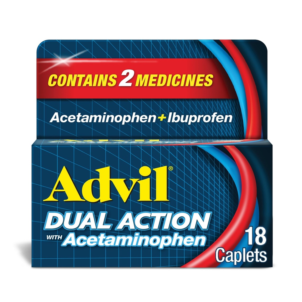 Acetaminophen, 125mg Ibuprofen 및 250mg Acetaminophen를 가진 Advil 이중 활동은 8 시간 고통 구호를 위한 모자를 씌우기 당 모자를 씌웁니다 - 18 조사