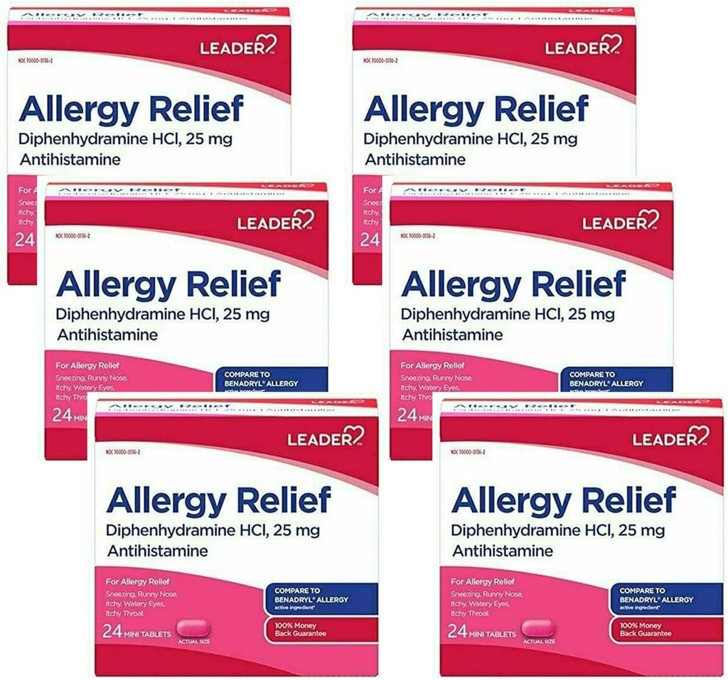 지도자 Antihistamine 알레르기 완화 Diphenhydramine HCl, 25mg 소형 정제, 6의 24의 조사 팩