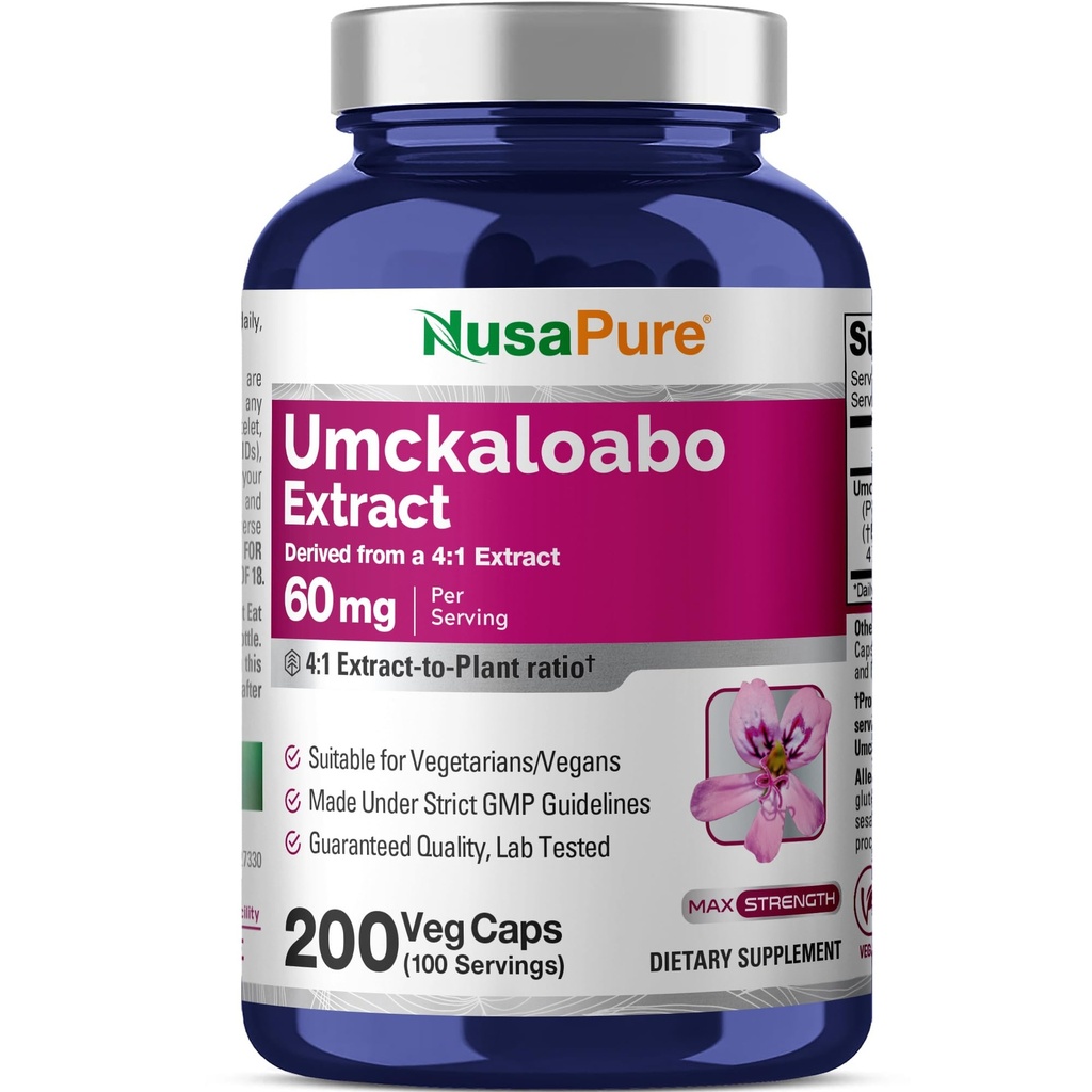 NusaPure Umckaloabo 4:1 추출물, 240 mg Veggie Caps 200 조사 (비 GMO, Vegan)와 동등한 60 mg