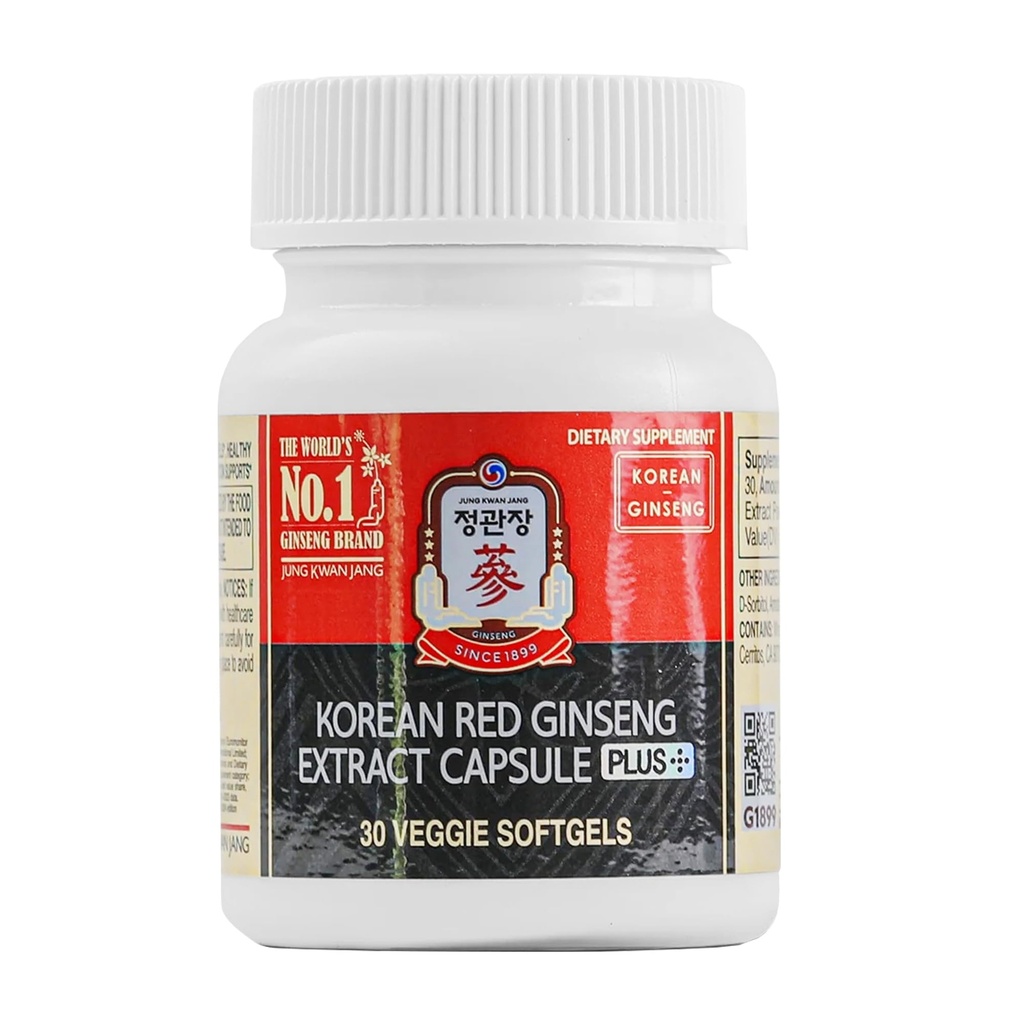 JungKwanJang Korean Red Ginseng Extract Capsules Plus | 남성용 All-in-1 Focus 알약 | 천연 에너지 보조제, 순환, 면역 지원 | 30 캡슐
