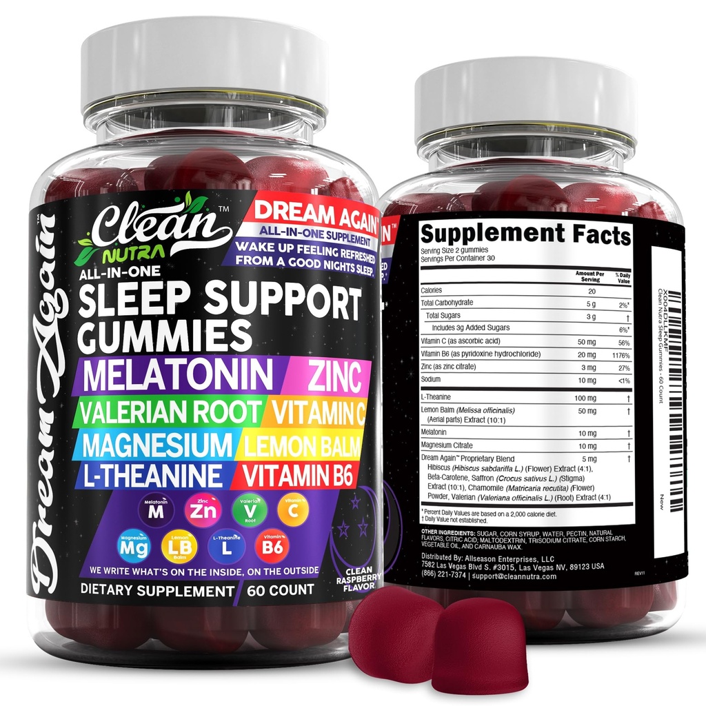 Clean Nutra Melatonin Gummies 10mg | Sleep Aid Valerian Root L-Theanine Vitamin B6 C Lemon Balm Magnesium Hibiscus Beta Carotene Saffron & Chamomile Rest Support Supplement Raspberry 풍미