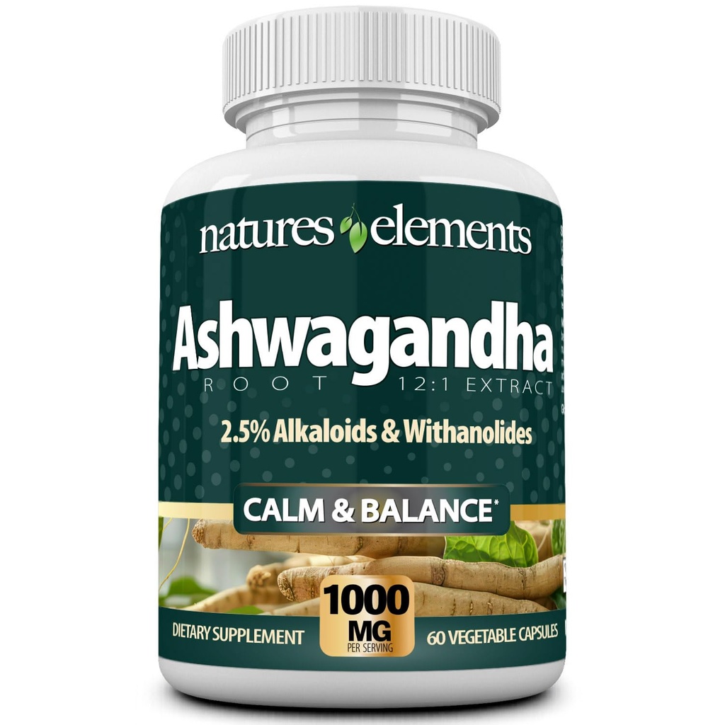 Ashwagandha 뿌리 - 12 : 1 추출물 - 1000mg Per 서빙 - 2.5% Withanolides & Alkaloids - 60 Veggie Cap - 스트레스 및 에너지 지원 - 비 GMO
