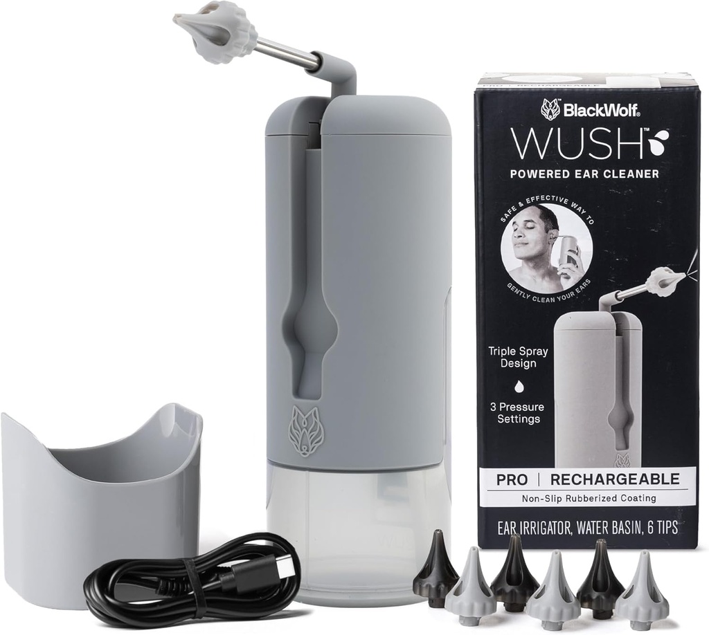 Black Wolf의 Wush Pro - Original Deluxe Water Powered Ear Cleaner with 6 Reusable Replacement Tips by Black Wolf - 귀 왁스 빌더를위한 안전하고 효과적인 - 전기 이어 왁스 제거 키트 (회색)
