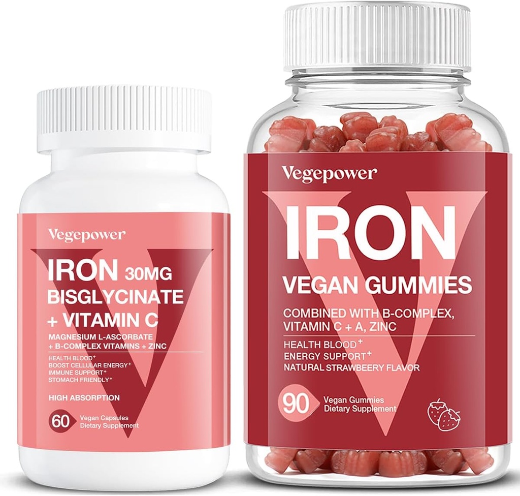 Vegan Iron Gummies Strawberry Plus Iron Bisglycinate 30MG | 성인 및 어린이를위한 건강 및 일일 에너지를위한 Vegan Iron Supplement 지원 - 90 Count + 60 Count