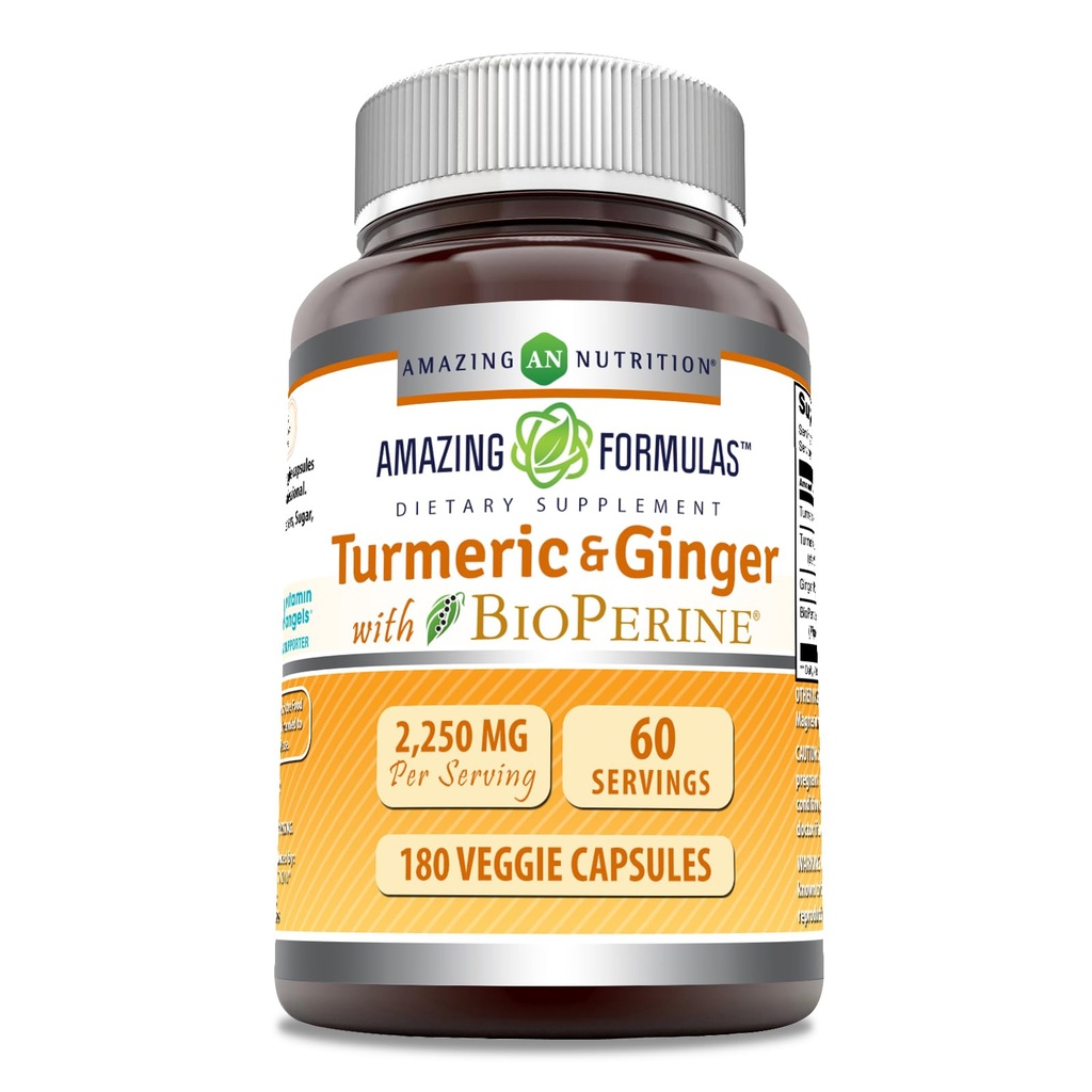 Amazing Formulas Turmeric Curcumin & Ginger with BioPerine 2250 mg Per 서빙 Veggie 캡슐 | Non-GMO | 글루텐 프리 | 미국에서 제작 | 채식에 이상 (180 개)