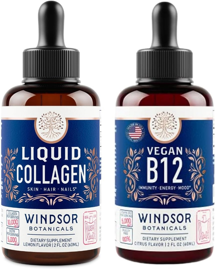 WINDSOR BOTANICALS 비타민 B12 액체 및 Biotin와 액체 콜라겐 - 에너지 및 웰빙 번들