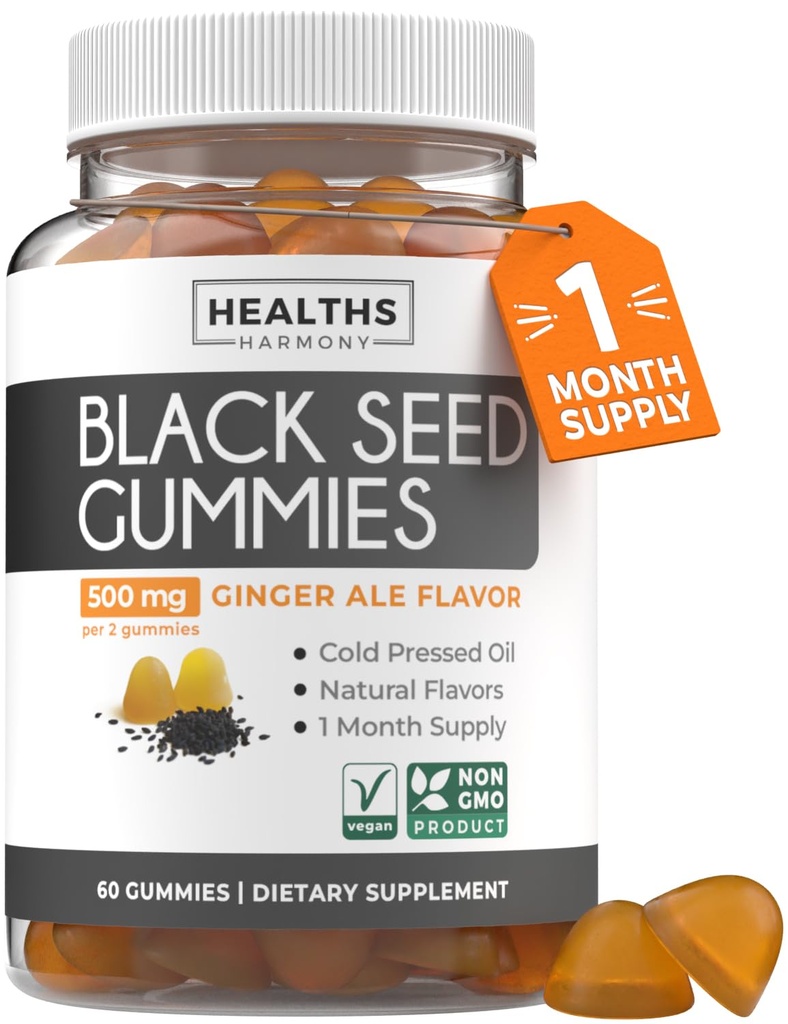 Black Seed Oil Gummies - 천연 생강 Ale 맛 (Non-GMO & Vegan) 냉압 Nigella Sativa 생산 순수 검정 Cumin Seed Oil - 2 Gummy 서빙 당 500mg