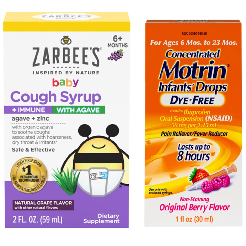 Motrin과 Zarbee의 에센셜 유아 유아의 집중된 액체 의학은 Ibuprofen과 Zarbee의 아기 기침 Syrup + 유기 Agave + 아연을 가진 면역력을 강화했습니다.