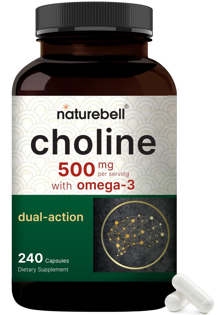 NatureBell Choline은 오메가-3 지방산, 240 캡슐을 함유 한 500mg을 보충합니다 | 고전도 콜린 Bitartrate - 임신 중 Prenatal Support - Energy, Liver, Brain, & Cognitive Health를 촉진합니다.