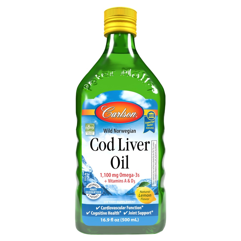 Carlson - Cod Liver Oil 1100 mg Omega-3s Plus Vitamin A & D3, Wild Caught Norwegian Arctic, 지속 가능한 Sourced Nordic Fish Oil Liquid, 레몬, 500 mL (16.9 Fl Oz)