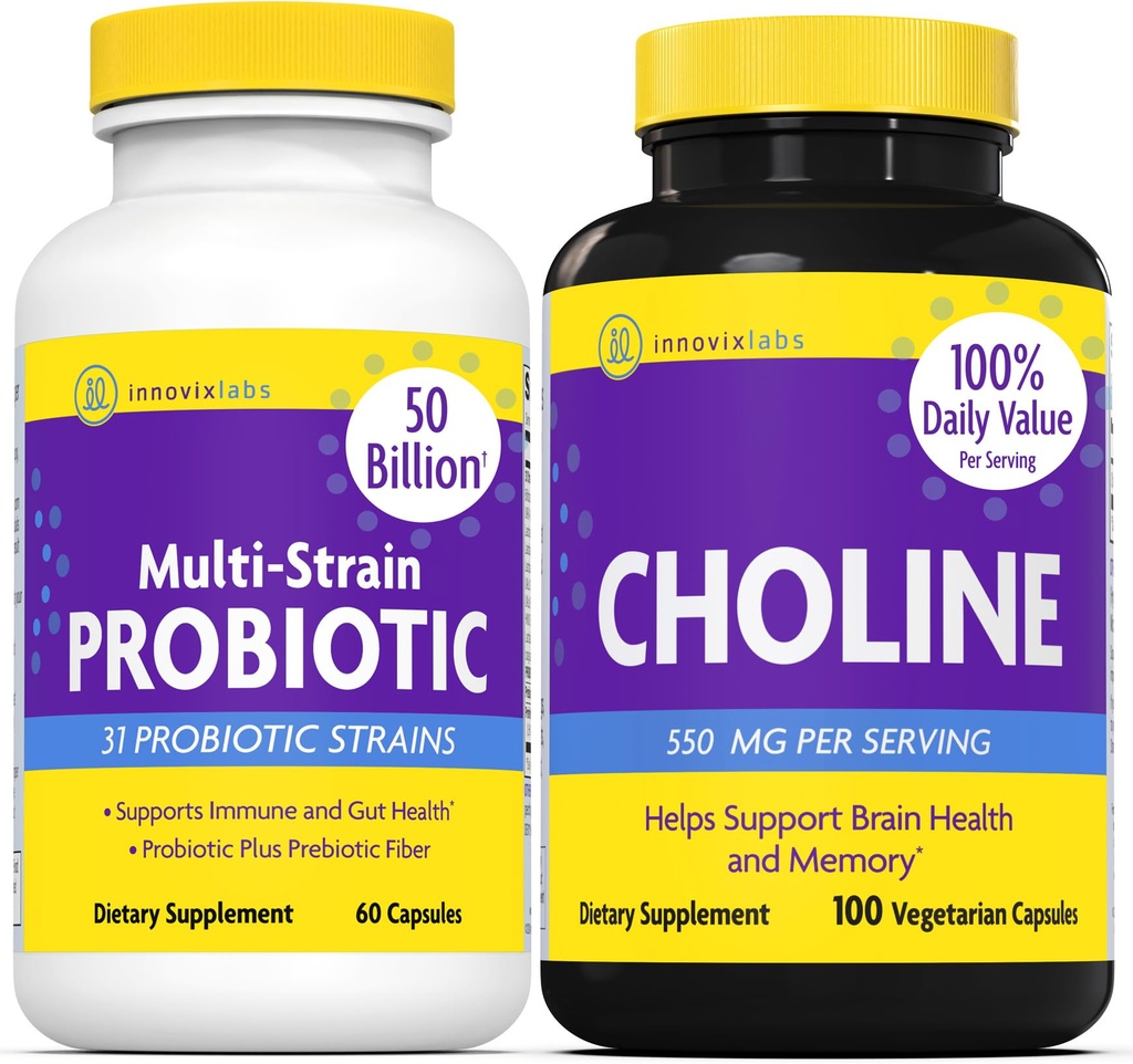 InnovixLabs Choline & Multi Probiotic 번들 콜린 비트 레이트 550mg (100 캡슐) 멀티 스트레인 프로바이오틱스 (60 캡슐). Memory, Mood, Brain Health & Boost Cognitive 지원