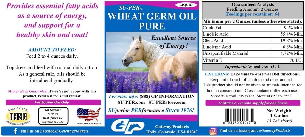 SU-PER Wheat Germ Oil Pure for Horses - 에너지, 내구시간, 체력, 건강한 피부 및 코트 지원 - 필수 지방산, 비타민 및 미네랄 - 1 갤런 + 펌프, 4 개월 공급