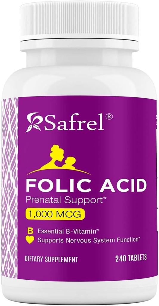 Safrel Folic 산 1000 mcg (1 mg) - 비타민 B9-240 정제, 태아 발달, 빨간 혈액 세포 생산, 세포 및 신경 발달을 위한 근본적인 Prenatal 및 Postnatal 비타민 | 비 GMO, 채식주의자