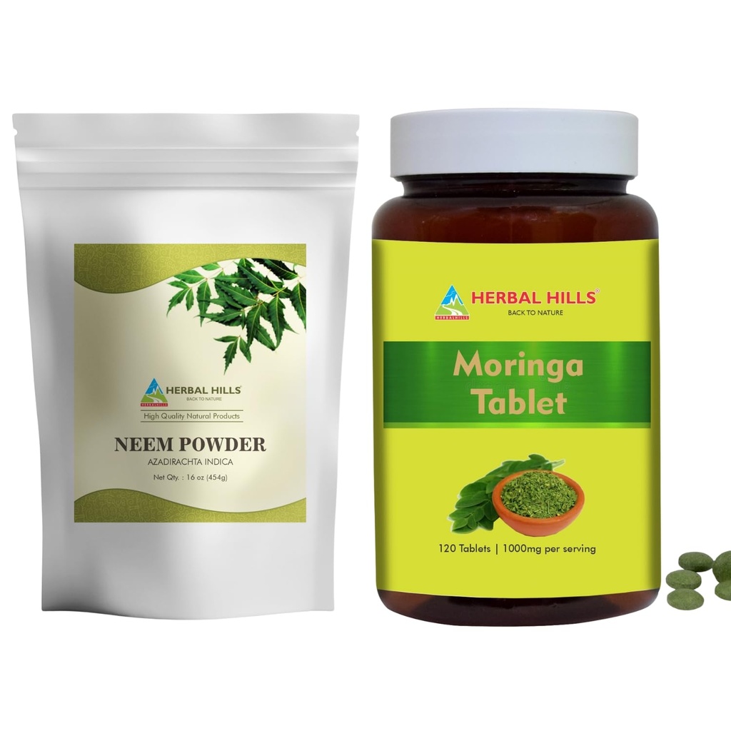 HERBAL HILLS Neem 잎 분말과 Moringa 정제 Shigru 팩 2 콤보