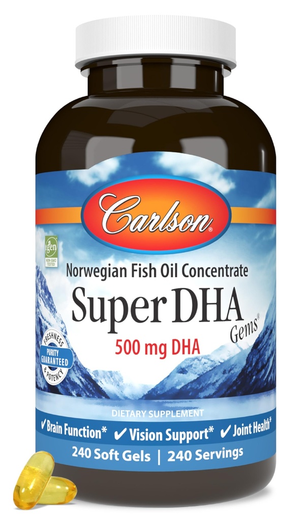 Carlson Super DHA Gems - 500 mg DHA 보충제, 640 mg 지방산, 노르웨이어 생선 기름 농축물, 야생 잡초, 지속 가능한 Sourced Fish Oil Capsules, 240 Softgels