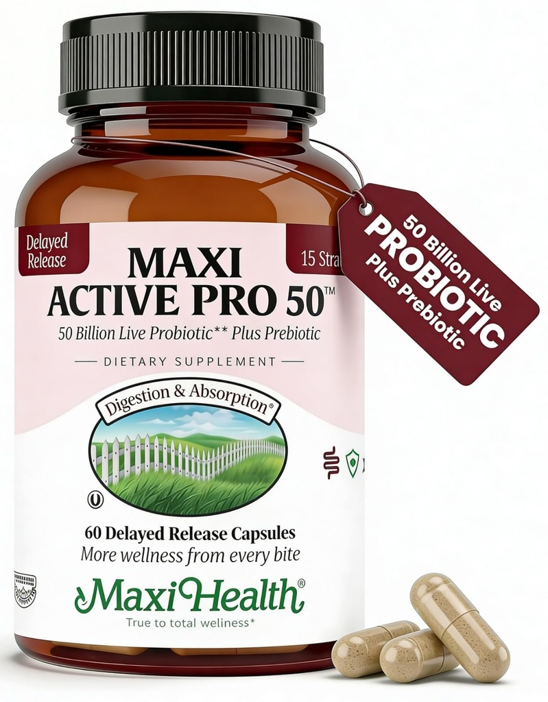 Maxi Health Probiotic Plus Ultimate Prebiotic Advanced Live Probiotics Formula - 50 억 라이브 활성 프로 바이오 틱 - 15 Strains - Ultra Protection - Active Pro-50-60 Count